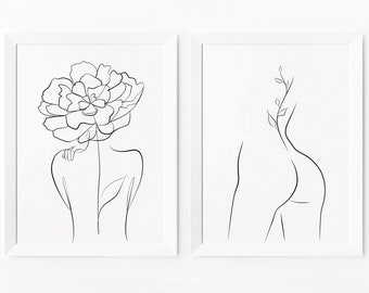 Woman Flower Head Line Art Prints, Minimalist Home Decor (Digital Download)