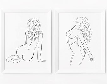 Strong Woman Line Art Print Set, Minimalist Female Silhouette, Modern Wall Decor, Digital Download