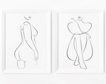 Body Positive Wall Art Print Set, Curvy Woman Line Drawing Decor, Feminine Modern Home Artwork, Digital Download