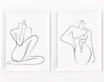 Minimalist Line Art Print Set, Elegant Woman Silhouette Pair, Modern Neutral Wall Decor, Digital Download