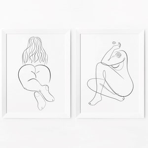 Conjunto de 2 impresiones, arte de mujer con curvas, impresión positiva corporal, dibujo de una línea de mujer, arte de línea de niña grande, arte de pared imprimible, cartel abstracto