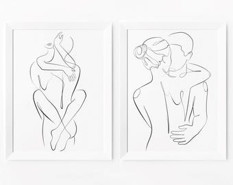 Abstract Couple Line Art Prints, Minimalist Bedroom Decor (Digital Download)