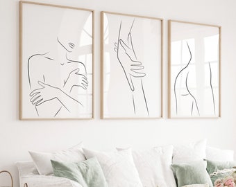 Set of 3 prints, Abstract woman line art, Hands one line drawing, Black white print, Printable wall art, Bedroom wall decor, Minimalist art