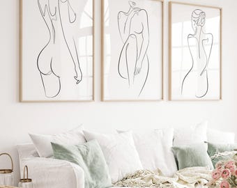 Abstract Woman Line Art Print Set, Minimalist Bedroom Wall Décor, Digital Download
