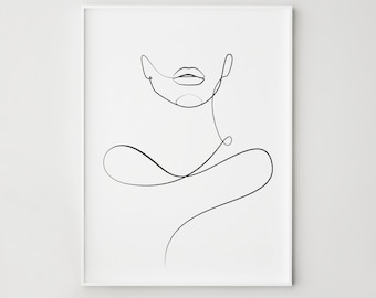 Lips Detail Print One Line Woman Face, Minimalist Bedroom Wall Decor, Digital Download