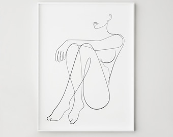 Minimalist Line Art Woman, Seated Silhouette Print, Elegant Figure, Digital Download