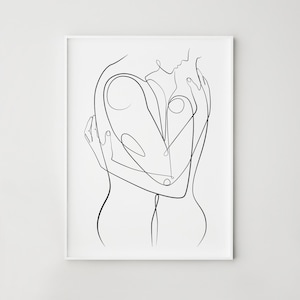 Arte de línea de pareja, Impresión de hombre mujer, Arte mural besándose, Dibujo de una línea, Póster abstracto de pareja, Impresión de amor, Decoración de pared del dormitorio
