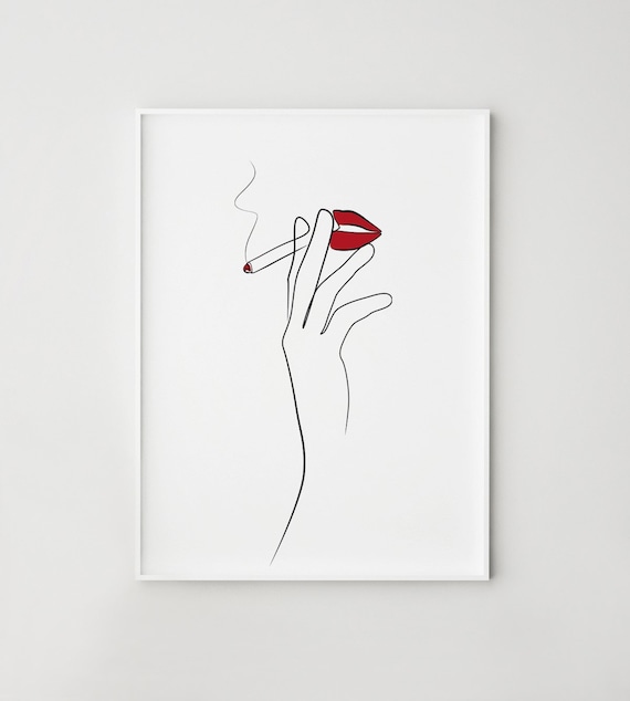 lips with cigarette drawing Red Lips Print, Line Art Cigarette Close Up, Minimalist Modern Wall Decor,  Digital Download