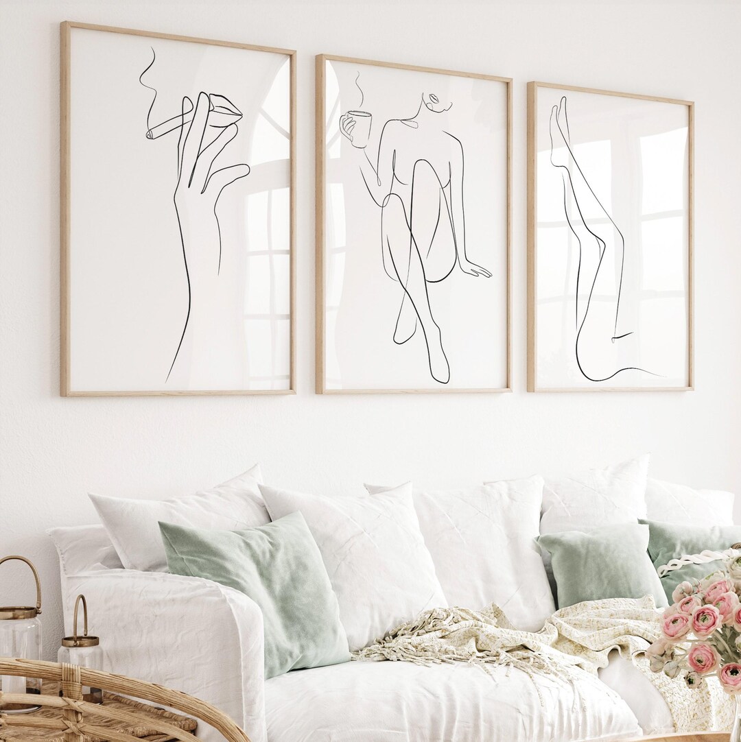 Relax Woman Print Set of 3, Minimalist Female Line Art Gallery Wall ...