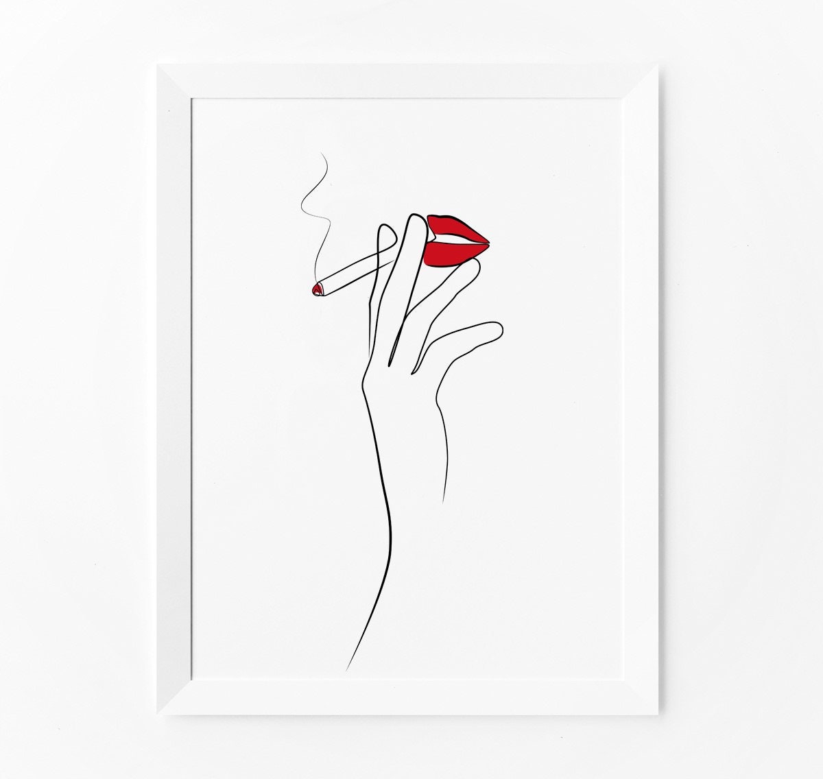a cigarette pressed between her lips Red Lips Print, Line Art Cigarette Close Up, Minimalist Modern Wall Decor,  Digital Download