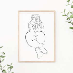 May include: Line art drawing of a person sitting with their legs crossed, viewed from behind. The drawing is in black ink on a white background.