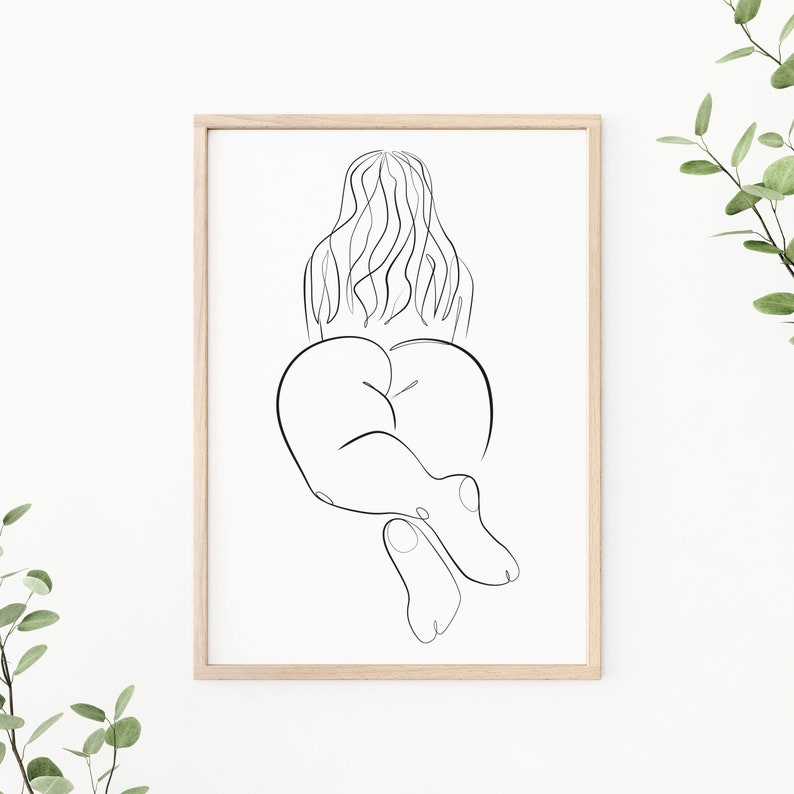 May include: Line art drawing of a person sitting with their legs crossed, viewed from behind. The drawing is in black ink on a white background.