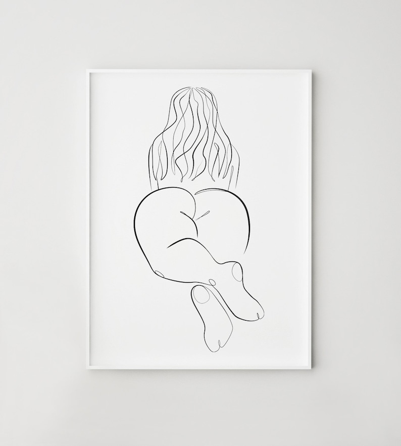 May include: Line drawing of a person's back, hips, and legs in a simple, minimalist style. The figure is drawn in black on a white background.
