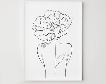 Woman with flowers line art, Head of flowers print, One line drawing, Abstract woman back art, Black white print, Printable wall art