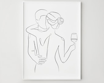 Wine Couple Print Line Art Lovers with Glass, Minimalist Bedroom Wall Decor, Digital Download