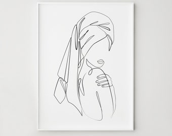 Woman one line drawing, Bathroom Printable wall art, Female face print, Minimalist woman body print, Beauty salon wall decor, Towel head