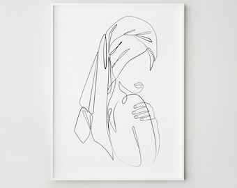 Woman one line drawing, Bathroom Printable wall art, Female face print, Minimalist woman body print, Beauty salon wall decor, Towel head