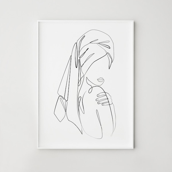 Woman one line drawing, Bathroom Printable wall art, Female face print, Minimalist woman body print, Beauty salon wall decor, Towel head