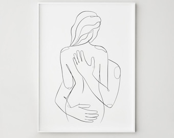 Abstract Couple Line Art Print, Printable Wall Art, Man and Woman Print, Woman Back One Line Drawing, Silhouette Girl, Bedroom Wall Decor