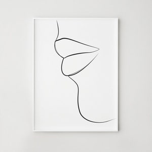 May include: A black and white line drawing of a person's lips. The lips are drawn in a simple, minimalist style.