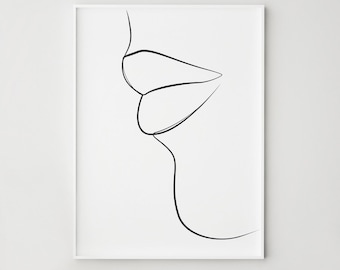 Lips Close Up Print One Line Woman Face, Minimalist Neutral Wall Decor, Digital Download