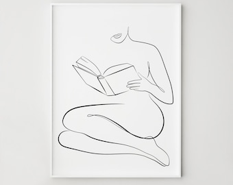 Woman reading line art, Bookish print, Woman one line drawing, Printable wall art, Bedroom wall decor, Minimalist print, Nude woman poster