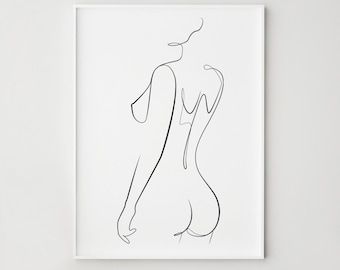 Female Silhouette Print, Line Art Woman Standing Back, Modern Minimal Wall Decor, Digital Download