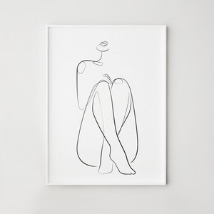 May include: Line art drawing of a person sitting with their legs crossed. The drawing is in black and white and is done in a minimalist style.