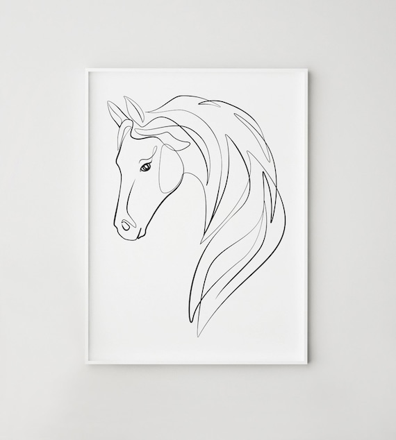 馬の線画、抽象的な馬の顔のプリント、一筆書き、印刷可能な壁アート