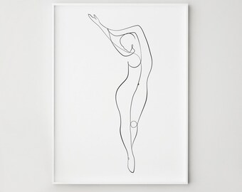 May include: Line art drawing of a person in a simple, minimalist style. The person is depicted in a single continuous line, creating a graceful and elegant silhouette.