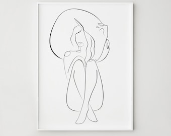 Minimalist Line Art Woman in Wide Brim Hat Print, Seated Silhouette, Modern Wall Decor, Digital Download
