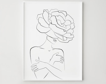 Woman flowers line art, Woman one line drawing, Minimalist print, Printable wall art, Head of flowers art, Black white print