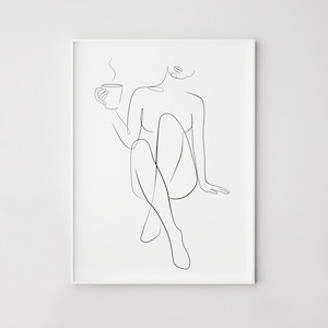 Impressão de arte de café, desenho de uma linha feminina, arte de parede para impressão, decoração de parede de cozinha, pôster preto e branco, presente para amantes de café