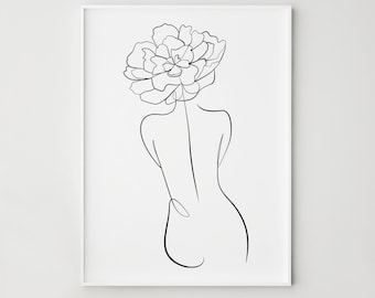 Line Art Woman Back with Flower, Surreal Female Figure Drawing, Minimalist Abstract Wall Decor, Digital Download