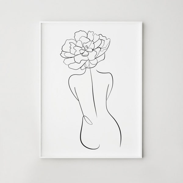 Frau Blumen Linie Kunst, Kopf Blumen Druck, Frau zurück Illustration, druckbare Wandkunst, minimalistischer Druck, Schlafzimmer Wanddekor