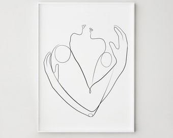 May include: Line art drawing of two figures embracing, forming a heart shape with their arms.