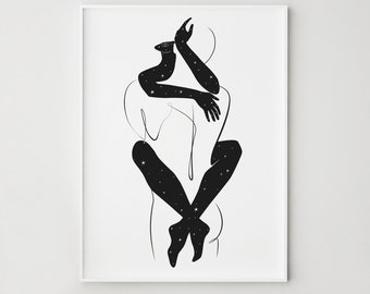 Universe art print, Couple line art, Abstract couple hugging print, Printable wall art, Man and woman drawing, Living room decor