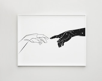 Adam and God hands line art, The creation of Adam, Printable wall art, One line drawing, Universe print, Bedroom wall decor