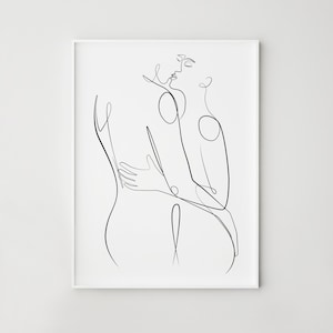 Dibujo de una línea en pareja, Arte lineal de hombre y mujer, Arte mural de besos, Impresión abstracta, Póster de pareja, Impresión de amor, Decoración de pared del dormitorio