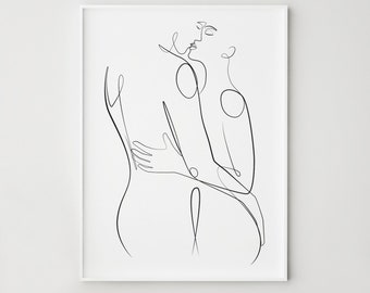 May include: A black and white line drawing of two people embracing. The drawing is minimalist and abstract, with the figures' bodies represented by simple lines.