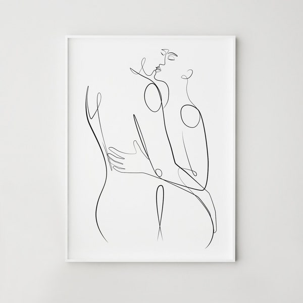 Couple one line drawing, Man and woman line art, Kissing wall art, Abstract print, Couple poster, Love print, Bedroom wall decor