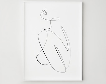 Female Form Print, One Line Woman Profile, Elegant Minimalist Bedroom Wall Decor, Digital Download