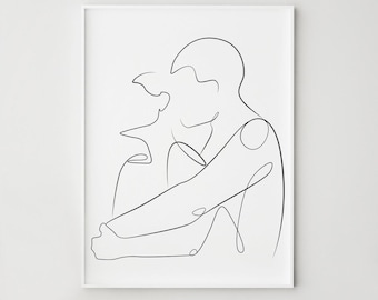 Abstract Couple Love Line Art, Man and Woman Print, Printable Wall Art, Couple One Line Drawing, Bedroom Wall Decor, Bathroom Wall Art