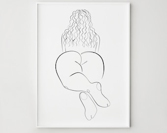 Body Positive Curvy Woman Line Art Print, Minimalist Female Figure with Curly Hair, Digital Download