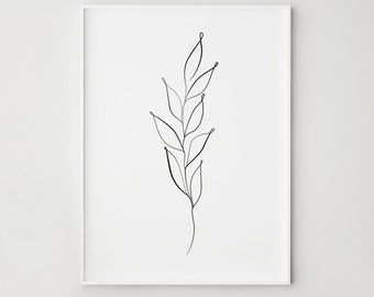 Modern Line Decor Print, One Line Botanical Stem with Leaves, Minimalist Neutral Wall Decor, Digital Download