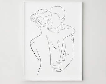 Couple one line drawing, Love print, Man and woman line art, Abstract hugging couple print, Printable wall art, Bedroom wall decor