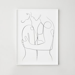 Arte abstracto de línea de pareja, Dibujo de una línea de pareja, Hombre mujer amor impresión, Arte mural besándose, Decoración de pared del dormitorio, Arte imprimible