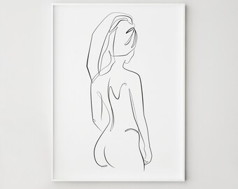 Female Back Print, One Line Woman with Head Towel, Minimalist Bathroom Wall Decor, Digital Download