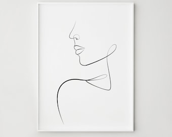 Woman face one line drawing, Feminine line art, Abstract woman print, Female face printable wall art, Silhouette girl, Home wall decor