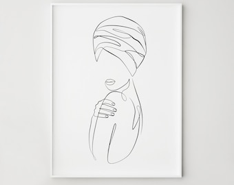 Line Art Woman Print, Black Woman with Turban, Modern Minimal Bathroom Wall Decor, Digital Download